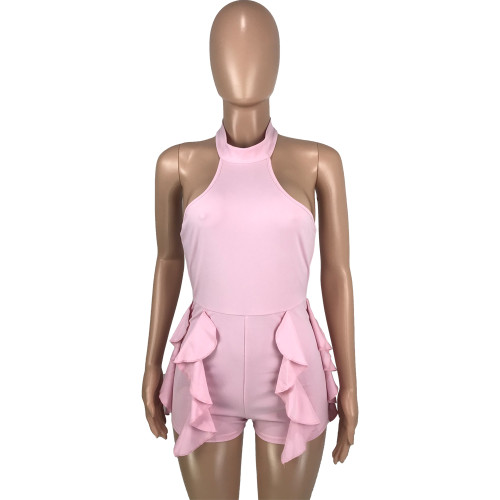 Women's Fashion Solid Color Ruffle Edge Hanging Neck Button Open Back Sexy Sleeveless jumpsuit