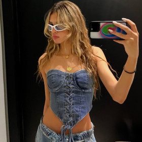 Women's Washed Chicken Eyes Lace up Tight Sexy Bra Denim Bra