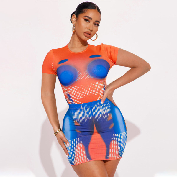 Sexy Spicy Girl Short Sleeve Bodysuit Slim Fit Short Half Skirt Set