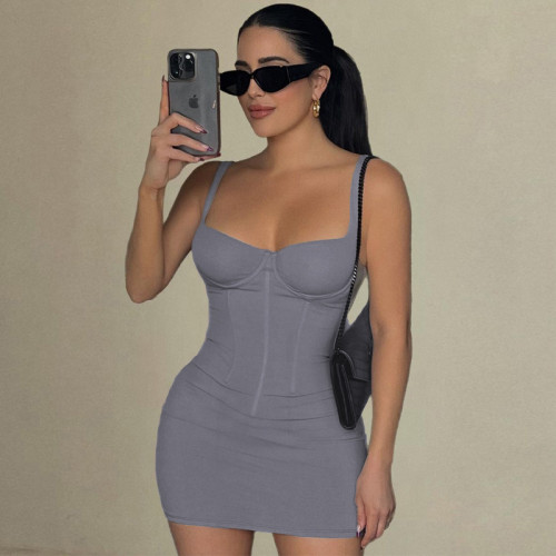 Fashionable and Sexy Backless Slim Fit Solid Color Strap Dress