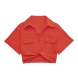 Multi color solid color versatile knot embellishments double pocket short sleeved short shirt