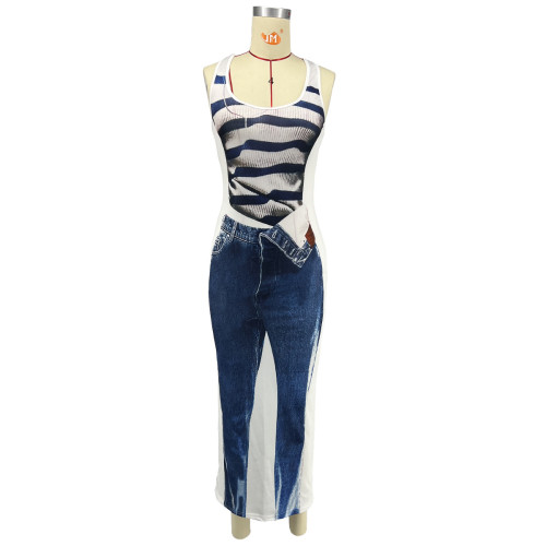 Women's personalized style sleeveless elastic digital printed skirt