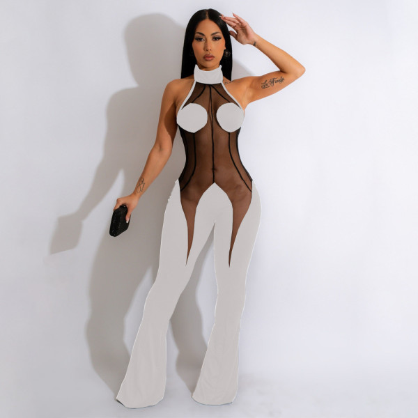Women's Fashion Solid Color Mesh Splice Hanging Neck Open Back Strap Flare Hem Sexy Jumpsuit
