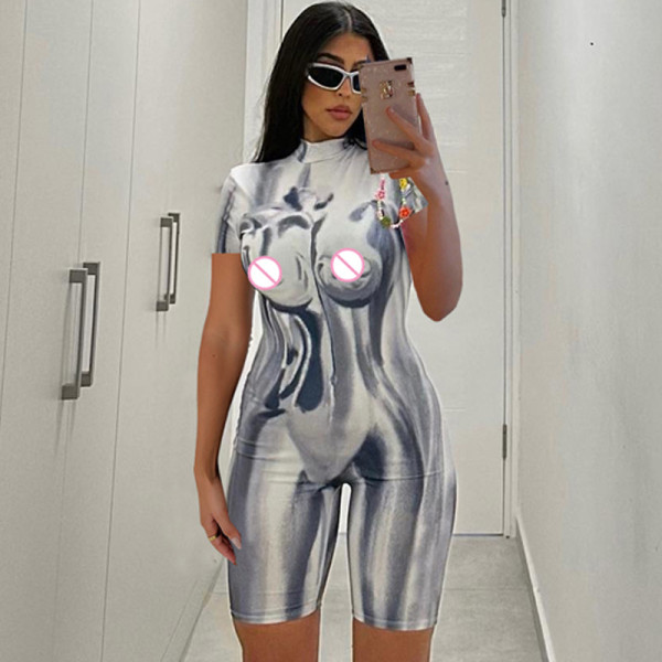 Fashion printed slim fitting round neck zippered short sleeved jumpsuit