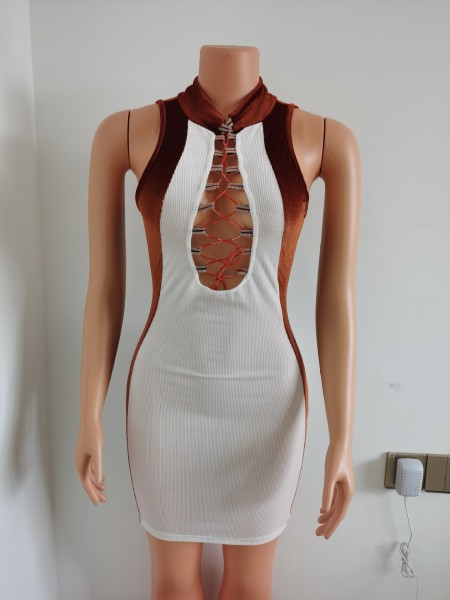 Fashion Contrast Round Neck Sleeveless Mini Skinny Dress FF1063