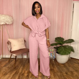 Tree pattern pleated fabric short sleeved shirt casual wide leg pants set