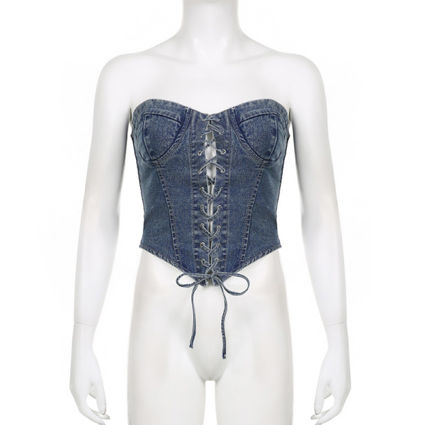 Women's Washed Chicken Eyes Lace up Tight Sexy Bra Denim Bra