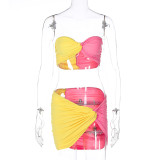 Contrast color patchwork two-piece fashion casual short skirt set