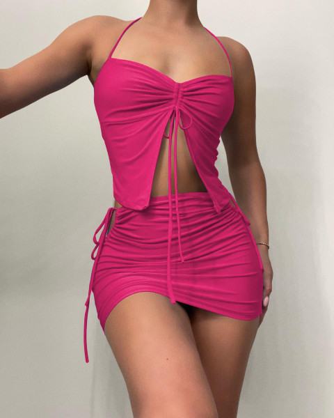 Sexy and fashionable two piece off shoulder drawstring set