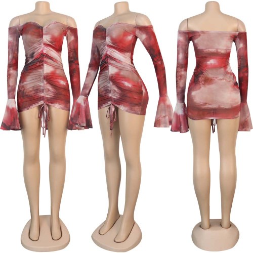 Sexy printed off shoulder strap pleated dress