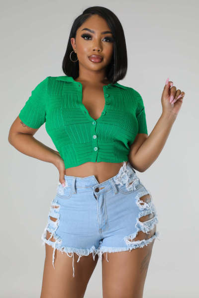 Fashionable perforated irregular denim shorts