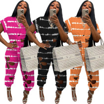 Women's digital printed irregular top lace hole casual two-piece set Women's digital printed irregular top lace hole casual two-piece set