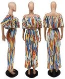 Women's fashion printed one shoulder wrap chest top loose wide leg pants two-piece set