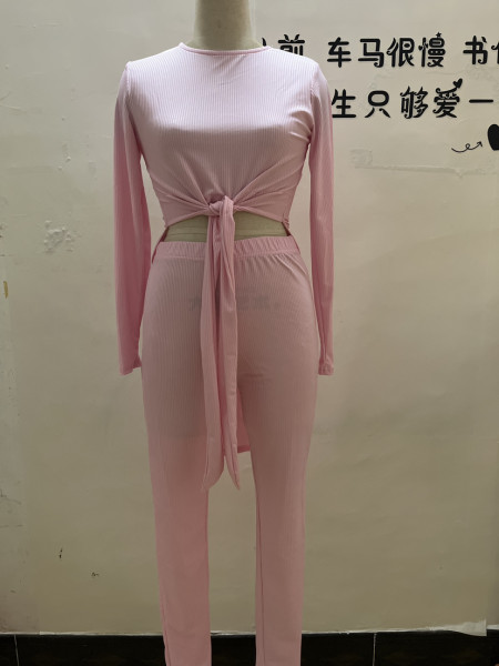 Casual Solid Round Neck Long Sleeve Split Knot Top High Waist Pants Two Piece Set