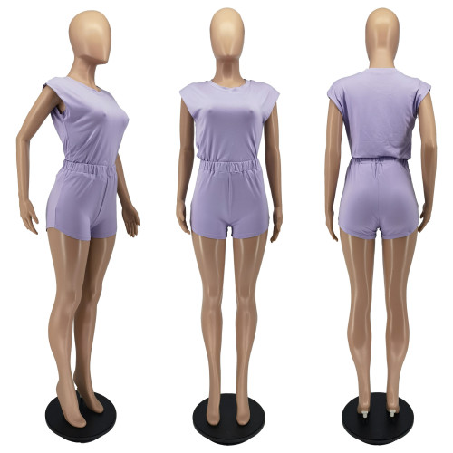 Women's casual solid color sleeveless slim fitting sportswear two-piece set