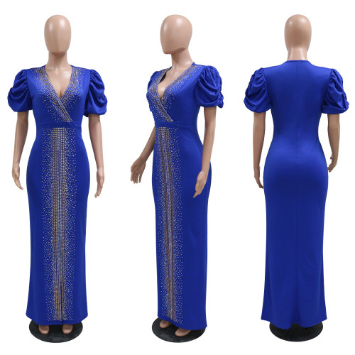 V-neck Short Sleeve Hot Diamond Dress Women's Slim Fit Sexy Split Party Fashion Long Dress