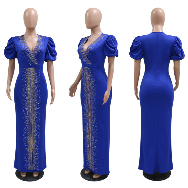 V-neck Short Sleeve Hot Diamond Dress Women's Slim Fit Sexy Split Party Fashion Long Dress