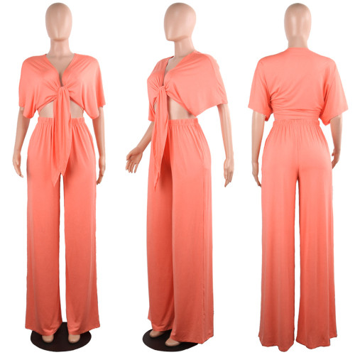 Sexy strapping deep V wide leg pants two-piece nightclub outfit