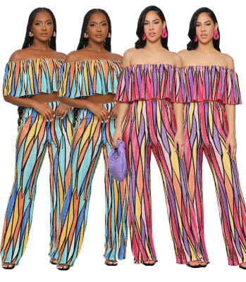 Women's fashion printed one shoulder wrap chest top loose wide leg pants two-piece set