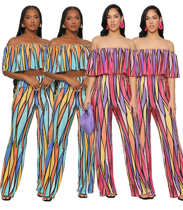 Women's fashion printed one shoulder wrap chest top loose wide leg pants two-piece set