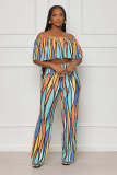 Women's fashion printed one shoulder wrap chest top loose wide leg pants two-piece set