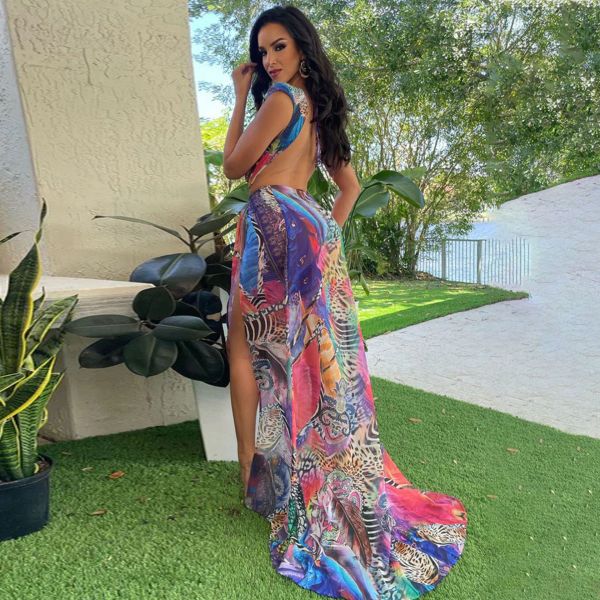 Fashion jumpsuit with long cape, digital printing, hot pressing and diamond two-piece set