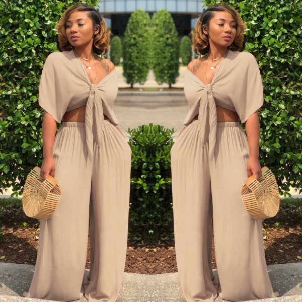 Sexy strapping deep V wide leg pants two-piece nightclub outfit