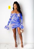 Sexy printed off shoulder strap pleated dress