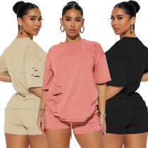 Fashionable casual perforated solid color two-piece set Fashionable casual perforated solid color two-piece set