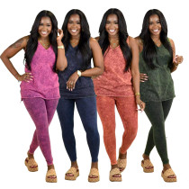 V-neck split split imitation denim printed vest pants two-piece set