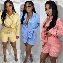Casual shirt set, patch pocket, vertical stripe, summer thin two-piece set Casual shirt set, patch pocket, vertical stripe, summer thin two-piece set