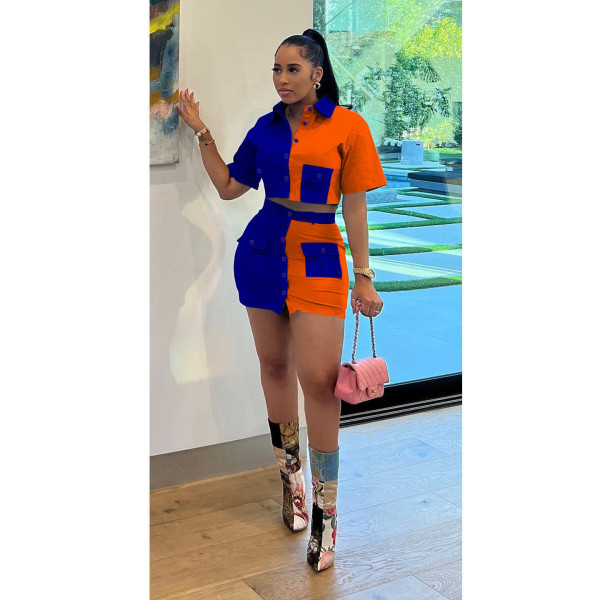 Women's color matching button work clothes, double pocket short sleeved short skirt, women's fashion casual suit skirt
