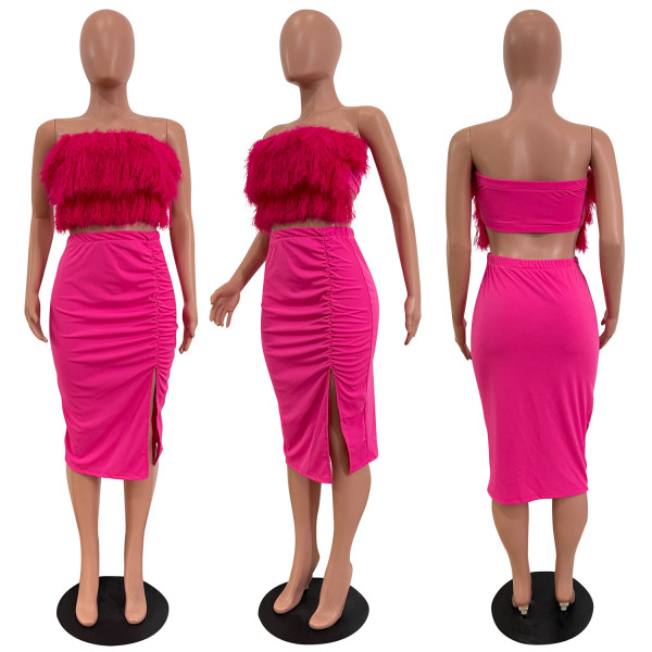 Fashionable and Sexy Tassel Bra Split Dress Two Piece Set
