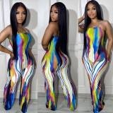 Sexy suspender graffiti positioning printed wide leg jumpsuit