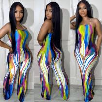 Sexy suspender graffiti positioning printed wide leg jumpsuit