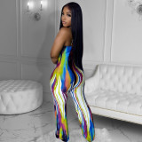 Sexy suspender graffiti positioning printed wide leg jumpsuit
