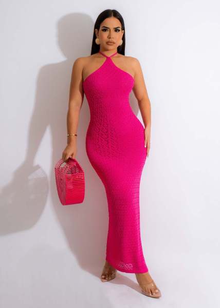 Sleeveless Temperament Split Knitted Dress Women's Hollow Out Hanging Neck Strap Sexy Open Back Qipao