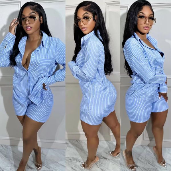 Casual shirt set, patch pocket, vertical stripe, summer thin two-piece set
