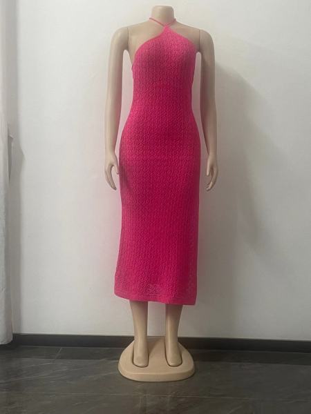 Sleeveless Temperament Split Knitted Dress Women's Hollow Out Hanging Neck Strap Sexy Open Back Qipao