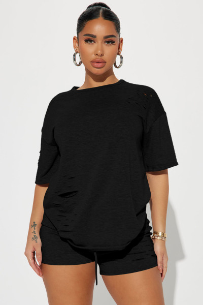 Fashionable casual perforated solid color two-piece set