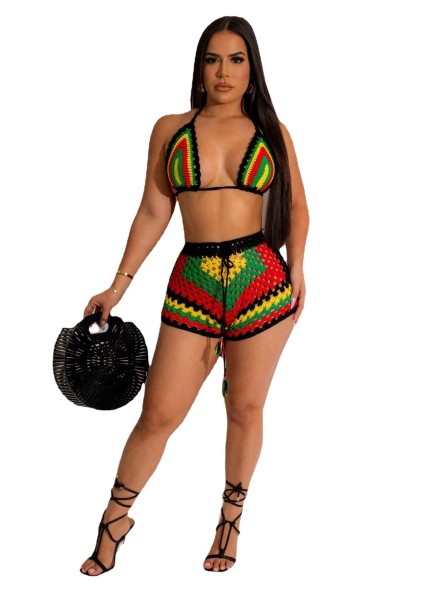 Knitted color matching beach shorts set