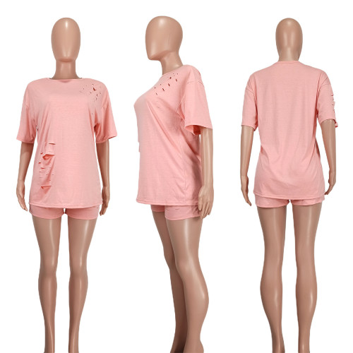 Fashionable casual perforated solid color two-piece set