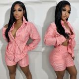 Casual shirt set, patch pocket, vertical stripe, summer thin two-piece set