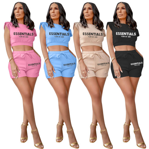 Letter Round Neck Sleeveless Open Bellybutton Sexy Two Piece Set