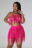 Sexy Perspective Knitted Hand Hook Tassel Beach Shorts Set