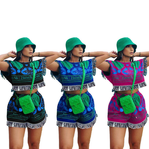 Printed Tassel Bat Sleeve T-shirt Top Shorts Two Piece Set