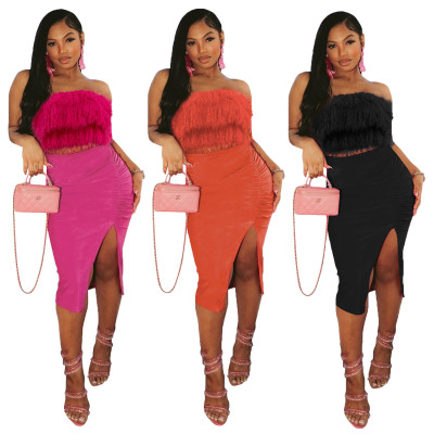 Fashionable and Sexy Tassel Bra Split Dress Two Piece Set