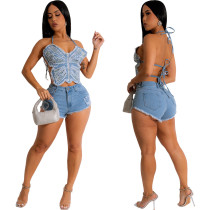 Denim Hot Diamond Butterfly Strap Wash Water Irregular Set