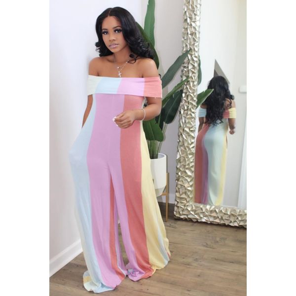 Fashionable and Sexy Off Shoulder Colorful Stripe Printed Jumpsuit