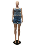 Denim Hot Diamond Butterfly Strap Wash Water Irregular Set